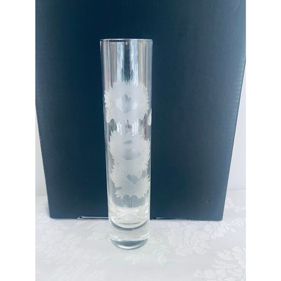 Vintage Schmid Etched Glass Sunflower Bud Vase 7" Tube Cylindrical Weighted Bott - Picture 3 of 7